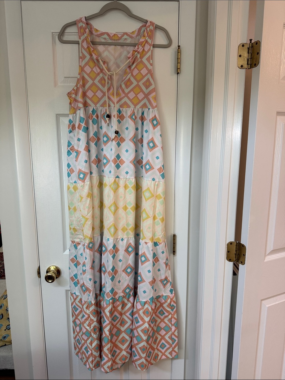 Sleeveless Geometric Tiered Maxi Dress - Peach, Yellow & Teal
